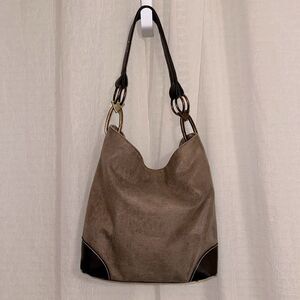 Braciano Metallic Canvas Tan Brown Leather Combo Hobo Shoulder Bag Purse